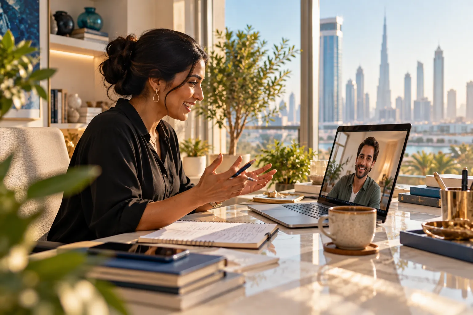 A consultant on a video call with a founder in another city